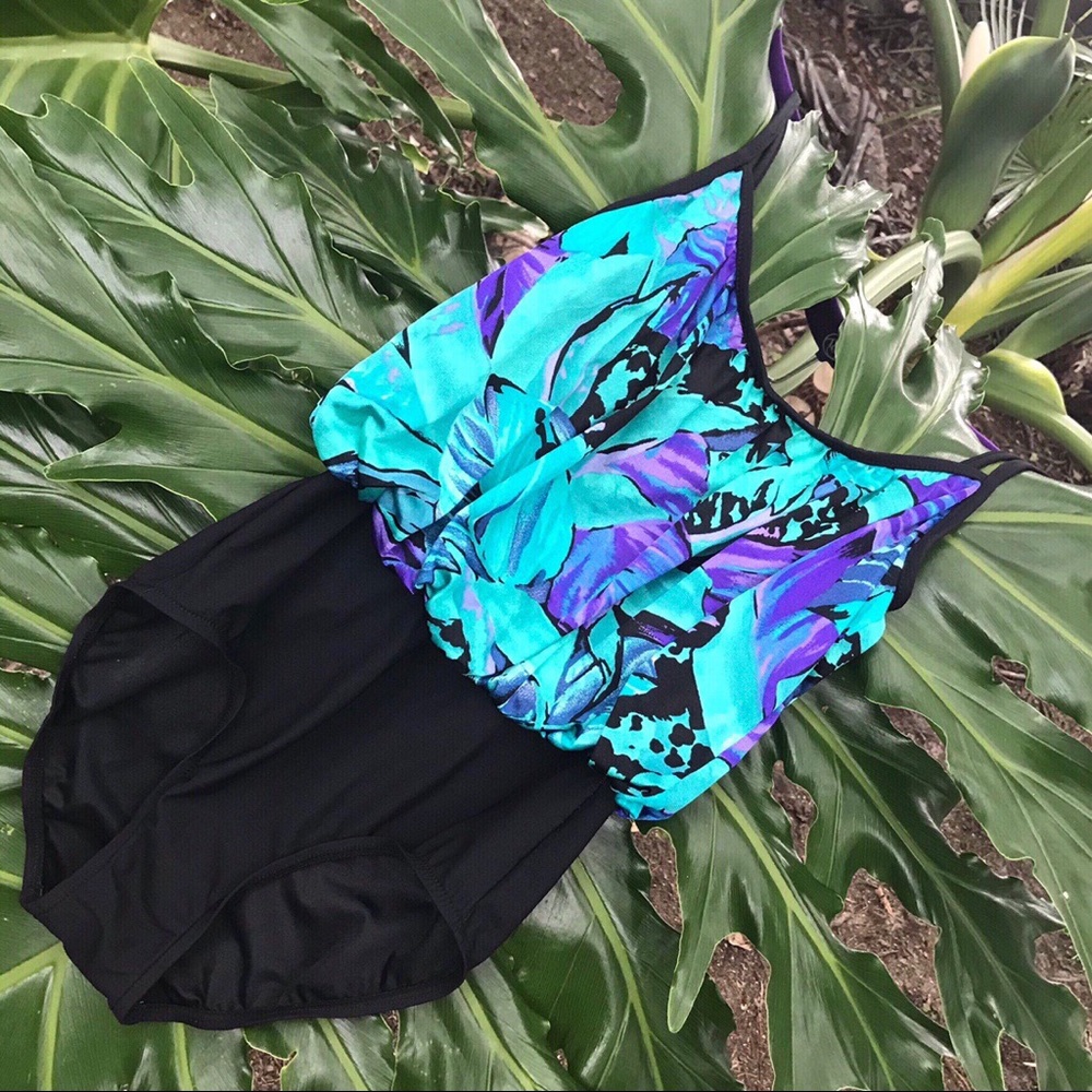 Vintage abstract floral one piece swimsuit